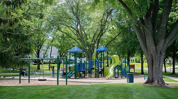 A play structure amongst beautiful trees at Hawthorne Park