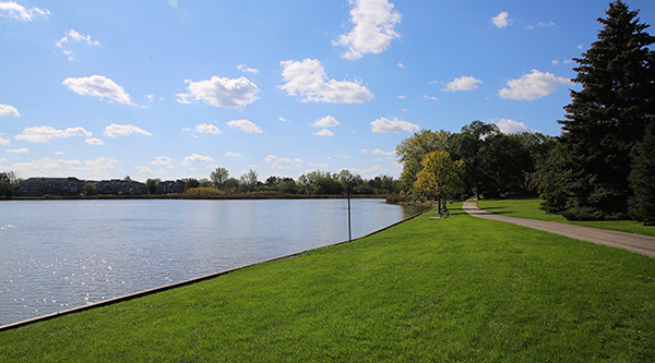 Green grass, and a trail skirts the outside of the lake at Peregrine park