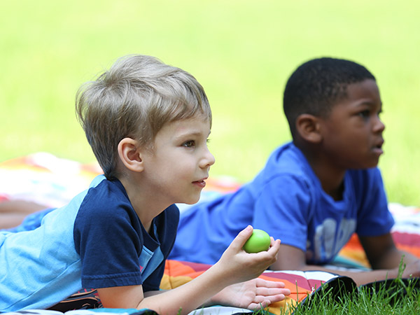 Two boys lay on a blanket in the grass. One is holding a ball.